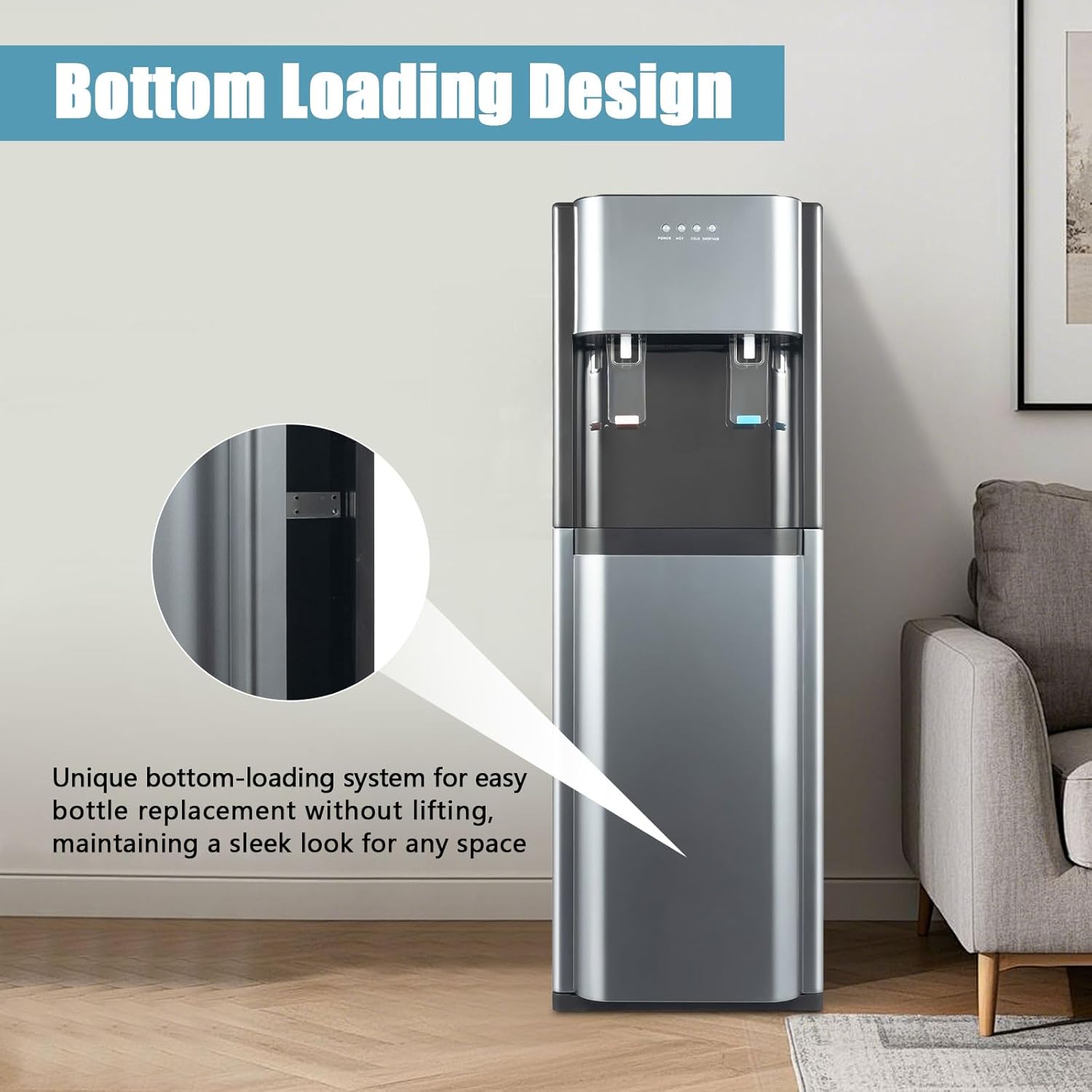 Bottom Loading Water Dispenser for 5 Gallon Bottle, Stainless Steel Portable Water Cooler Dispenser with LED Light - Hot and Cold Water, Anti-Rust Coating for Home, Office, Living Room, Dark Gray