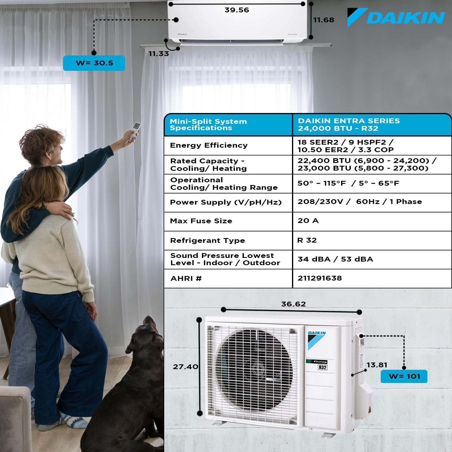 Daikin 24,000 BTU 18 SEER2 Entra R32 Series Ductless Mini Split Heat Pump System w/Wall Mounting Bracket (230V), White, RXC24+FTXC24+WAFP24