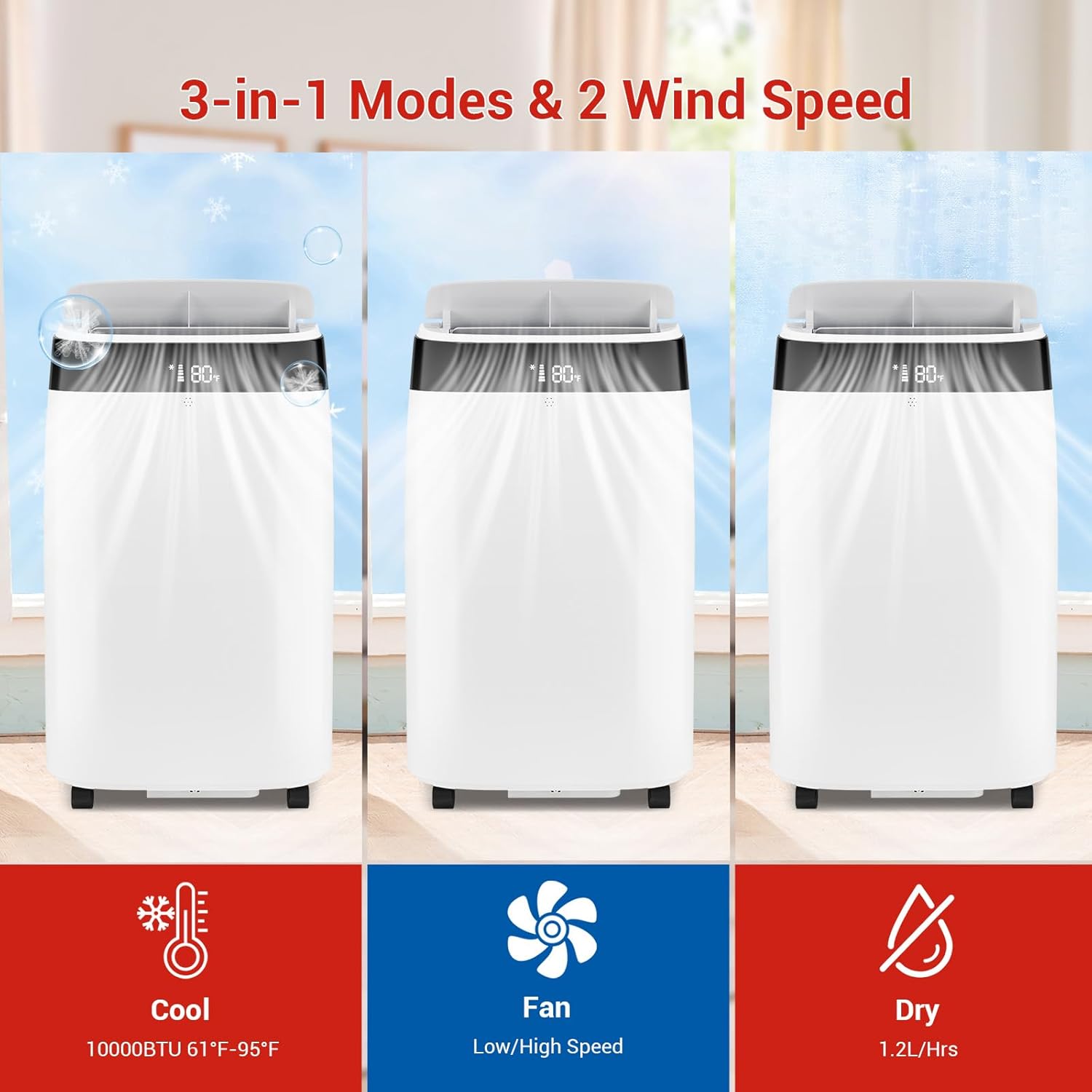 10000 BTU Portable Air Conditioner with Remote, 4-In-1 AC Unit for Room Up to 450 Sq.Ft, Cooling, Fan, Sleep Mode, Quiet Portable AC with Timer, Auto Swing for Bedroom, Office, Dorm, RV
