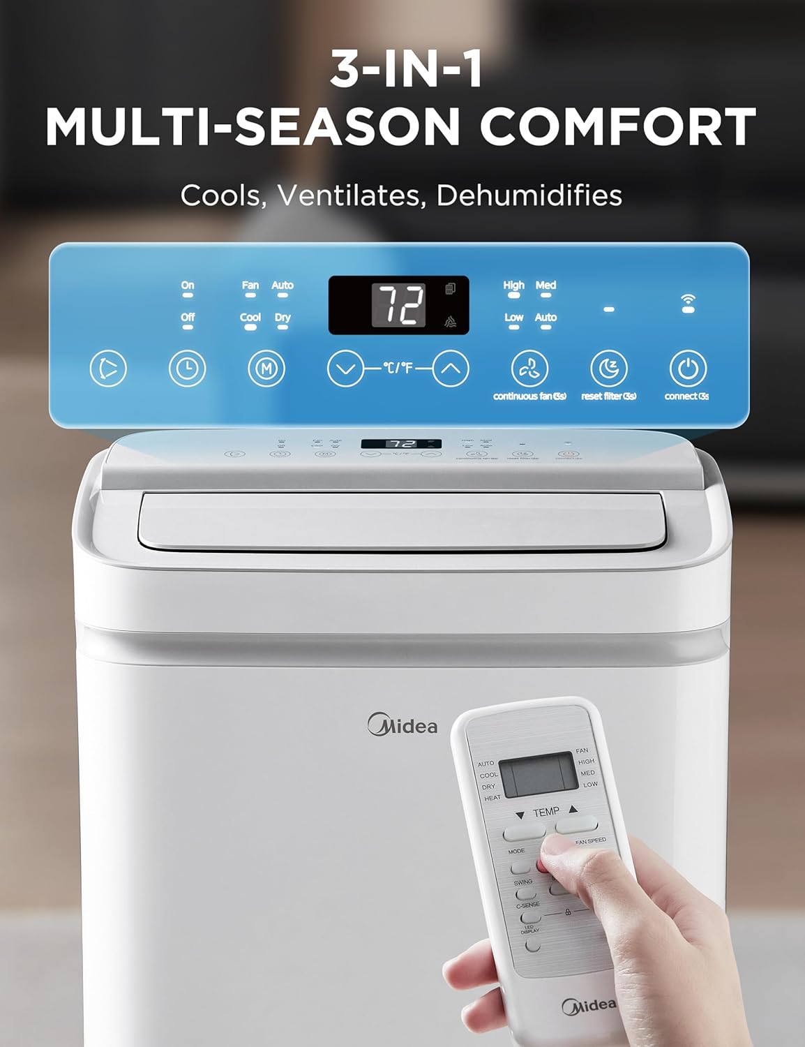 Midea 14,000 BTU ASHRAE (10,000 BTU SACC) Portable Air Conditioner, Cools up to 450 Sq.Ft., with Dehumidifier & Fan mode, Control with Remote, Amazon Alexa & Google Assistant, Easy-to-use and Install