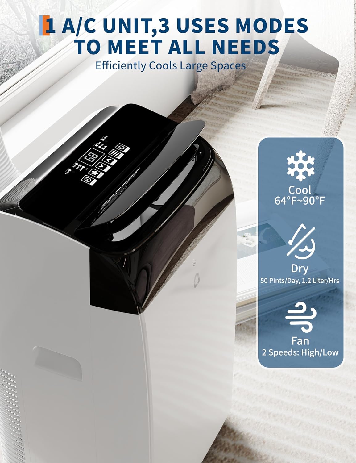 14,000 BTU Portable Air Conditioner with Dehumidifier & Fan, Cools Up to 750 Sq.Ft. Room Air Conditioner, Remote Control, Installation Kits, Auto Swing, Quiet Portable AC Units for Rooms, Black Top