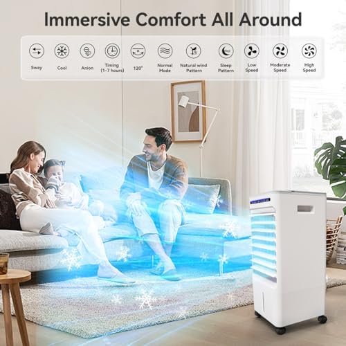 Swamp Cooler, Evaporative Air Cooler with 5L Water Tank,120°Oscillation, 4 Ice Pack, 3 Speeds, 7H Timer, Remote & Touch Control, Evaporative Cooler Cooling Fan for Room,Home,Office,Kitchen