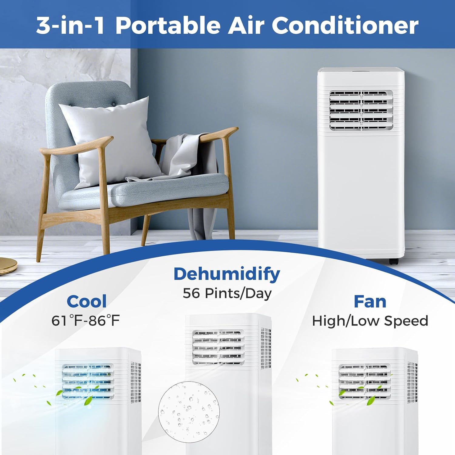 DORTALA Portable Air Conditioner 9000 BTU, 3 in 1 Quiet Floor Standing AC Unit with Fan & Dehumidifier, Sleep Mode, 24H Timer, Remote Control & Installation Kit for Room up to 300 Sq.Ft