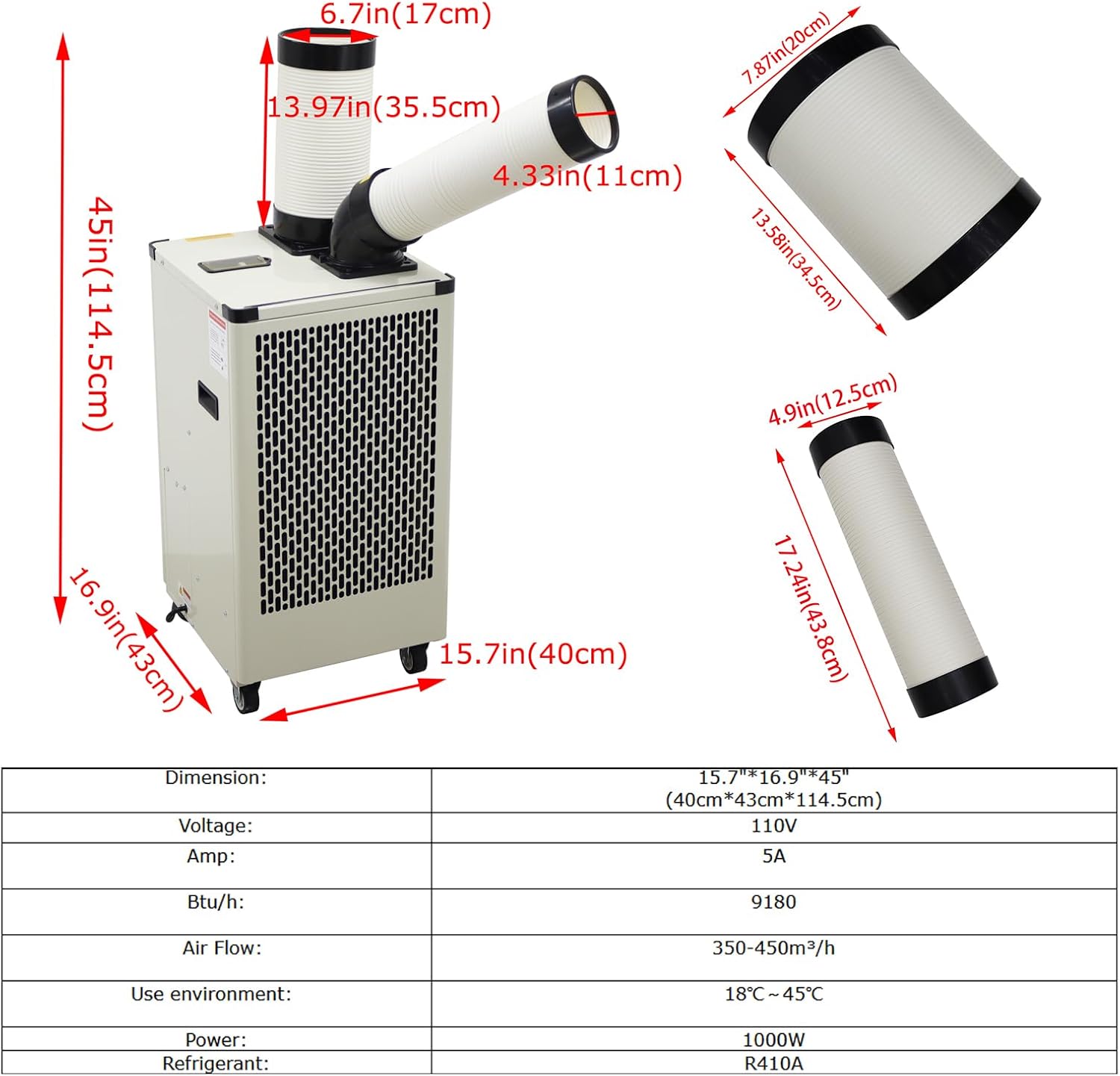 110V Industrial Air Conditioner 350-450m³/h Commercial Portable Industrial Spot Cooler Mobile Air Conditioner Single Column 9180BTU/H, 1000W
