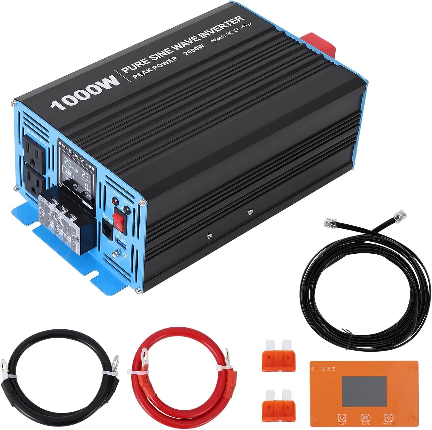 1000W Pure Sine Wave Inverter,1 USB Port 5v/2.1a,LCD Display&Remote Controller for Home, RV, Truck