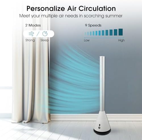 Bladeless Tower Fan with 9 Speeds, 80° Wide Oscillating Cooling Fan, Electric Standing Floor Fan with 8H Timer, Space-Saving Design for Bedroom Office