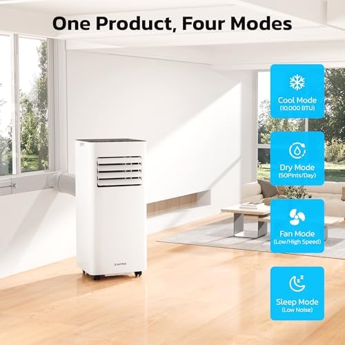 ZAFRO 8,000 BTU Portable Air Conditioners, AC Unit with Cool/Fan/Dehumidifier/Smart Sleep Modes, 24H Timer, Remote Control, Air Cooler for Bedroom Dorms Small-Rooms, White