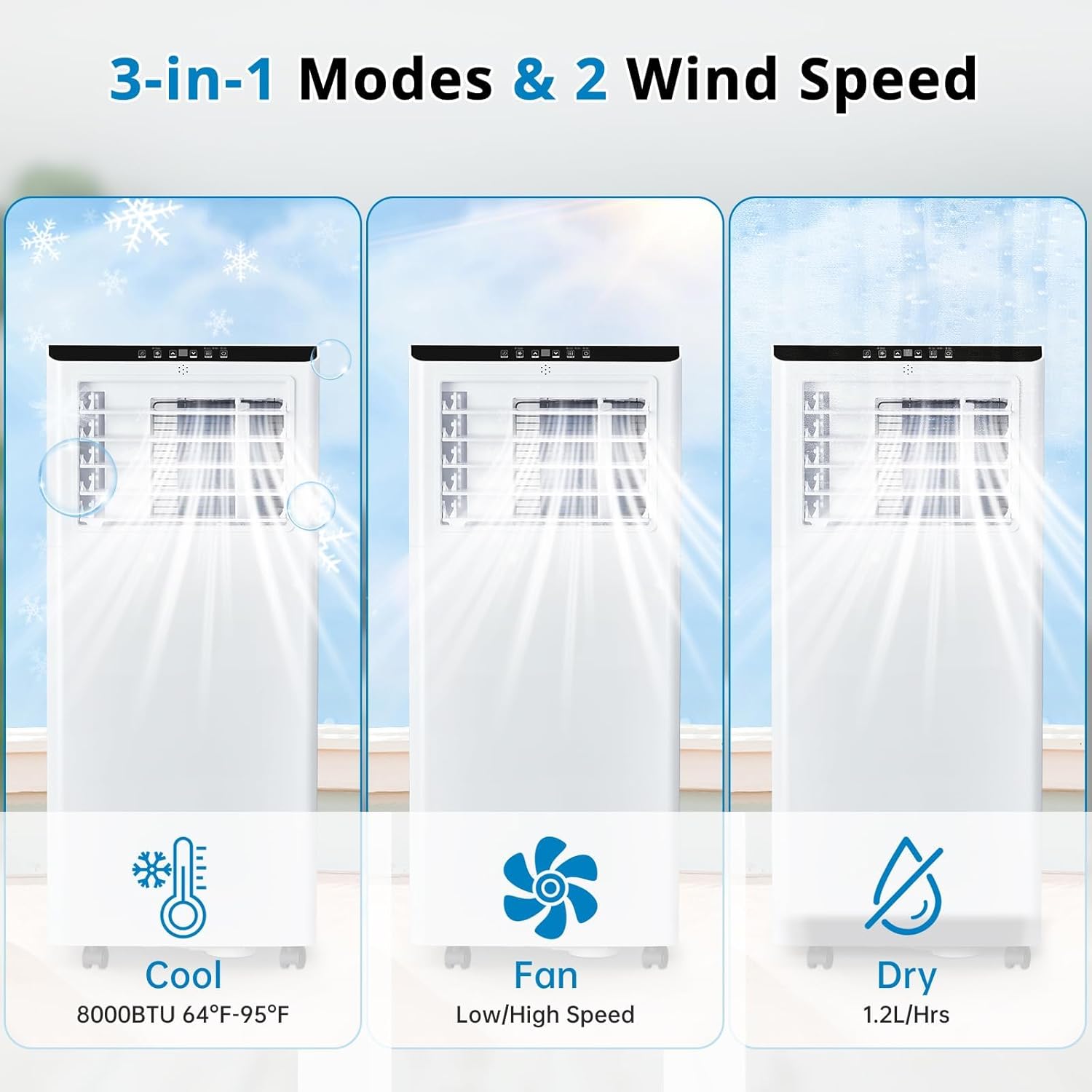 8,000 BTU Air Conditioner, Cools Up to 350 Sq. Ft.,Freestanding AC Unit for Room With Remote Control, 3 In 1 Air Cooler With Fan, Dehumidifer, Ultra Quiet, 35% Energy Savings