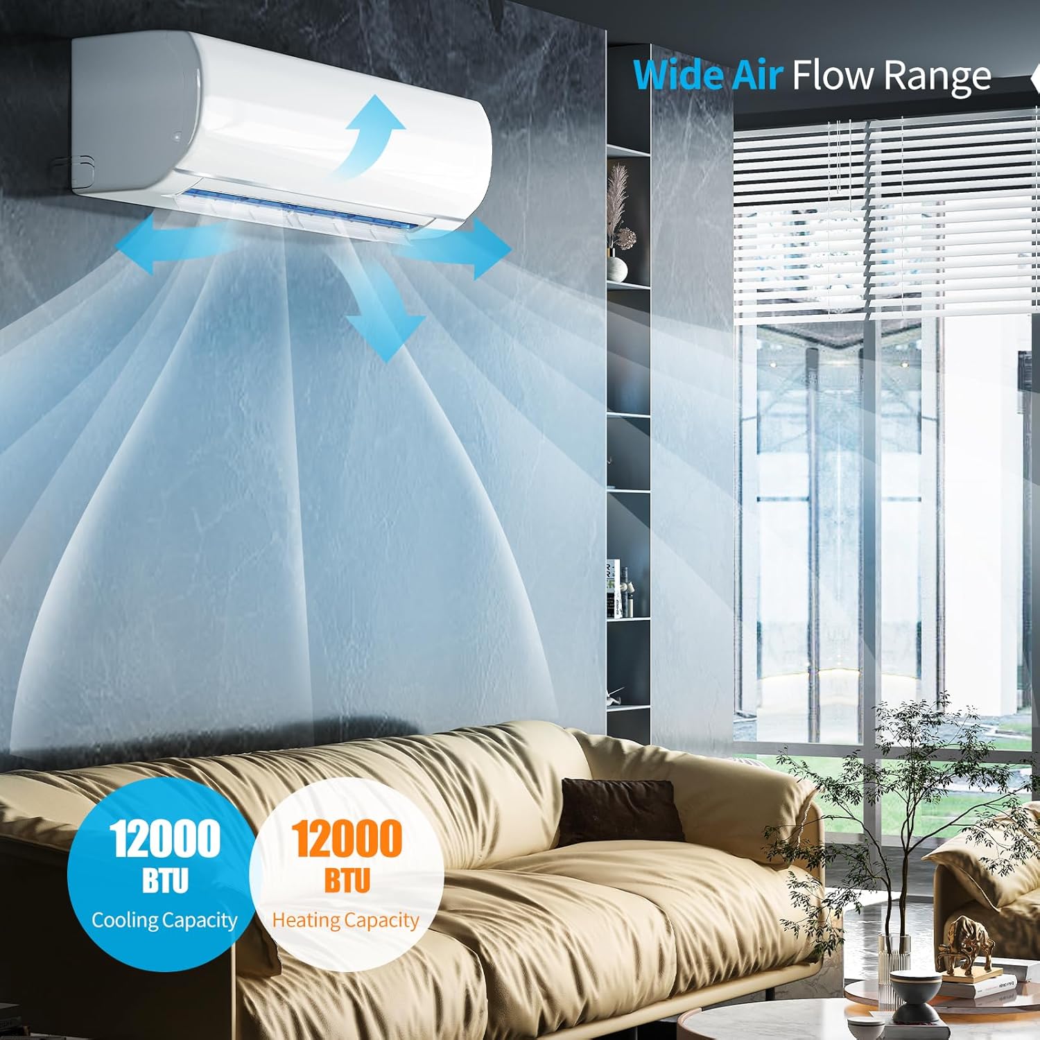 Split System Air Conditioner & Heater, 12000 BTU Split Air Conditioner with compressor and heat pump, 19 SEER2, WIFI Enabled, Remote Control, White