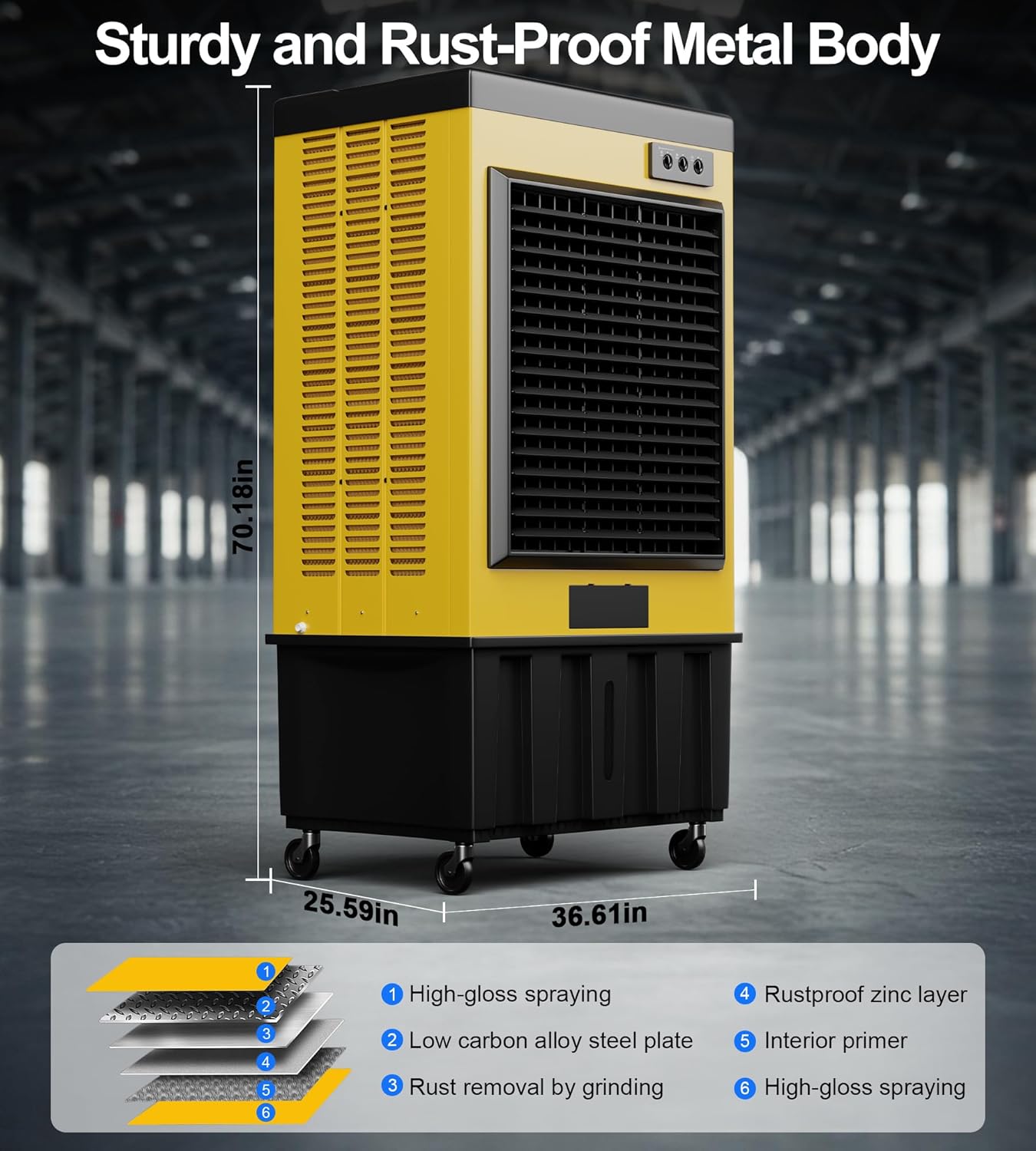 14715CFM Swamp Cooler, Evaporative Air Cooler with Continuous Auto Fill,53-Gal Water Tank,5 Ice Packs,Portable Evaporative Cooler for Outdoor Patio Garage Commercial Industrial Use, 70IN