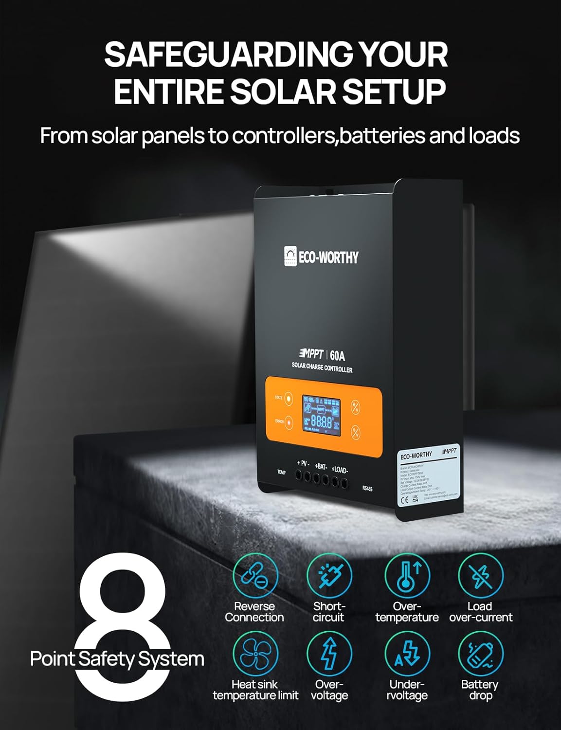 ECO-WORTHY 60A MPPT Solar Charge Controller with Bluetooth&WiFi, Max PV Input 150V,12/24/36/48V Solar Panel Regulator for Lead-Acid/Lifepo4 Battery in Solar System RV