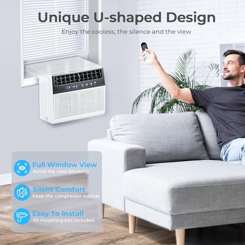 10000 BTU U-Shaped Window Air Conditioner, Window AC Unit for Room Cools Up 450 sq.ft, Saddle Air Conditioner with Cooling, Dehumidifier and 3 Fan Speeds, 24-hour Timer, Installation Kit