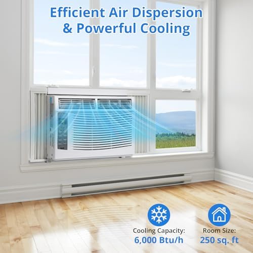 Window Air Conditioner, 6,000 BTU Cools 250 Sq Ft, Smart AC with Remote & App Control, Easy Install Kit, Energy Efficient Cooling for Medium Rooms, White