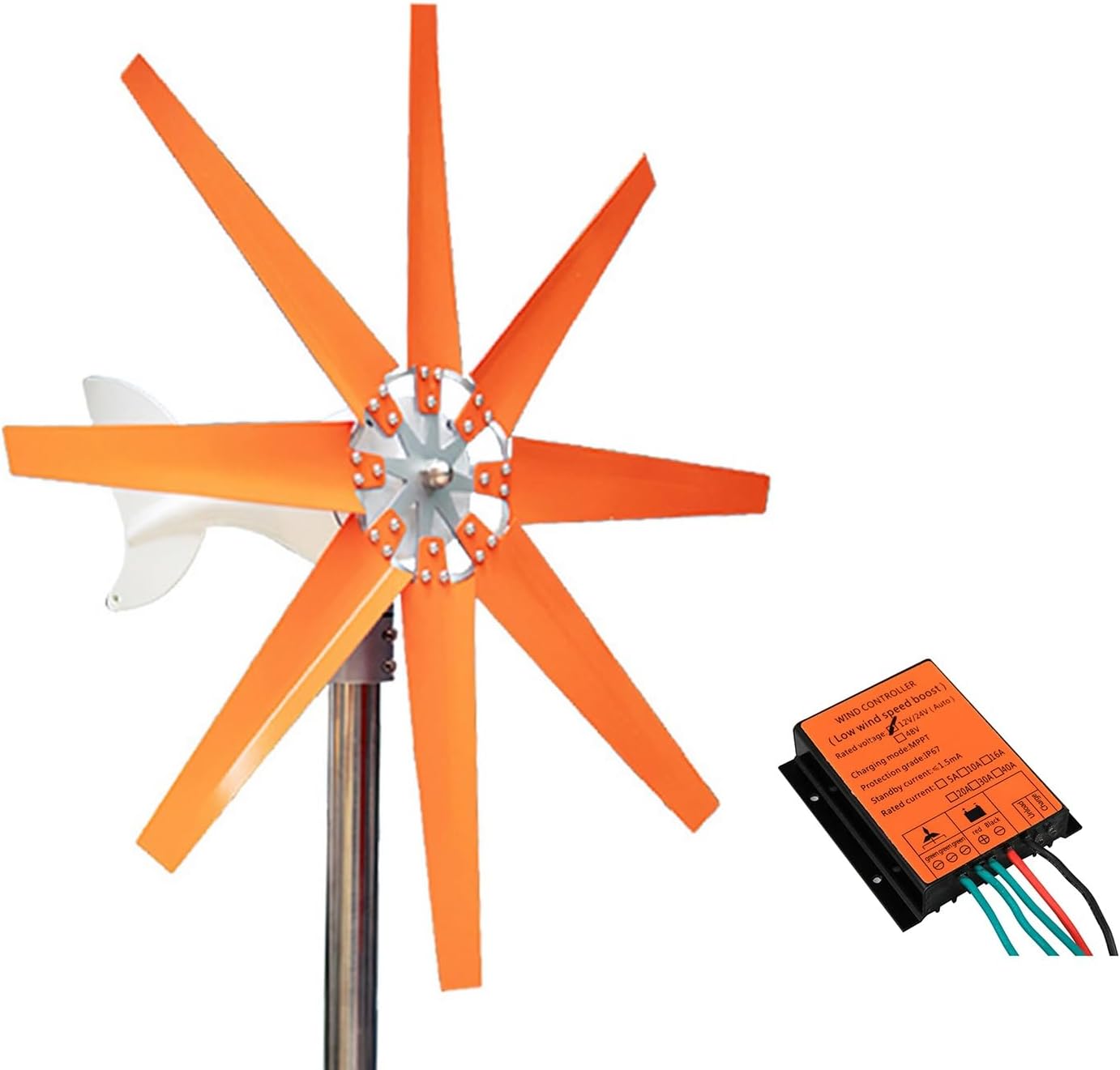 1500W Horizontal Axis Wind Turbine 12V/24V Eight-Blade Wind Turbine Power Supply System Household Small Wind and Solar Hybrid System (Color : Orange, Size : 24V)