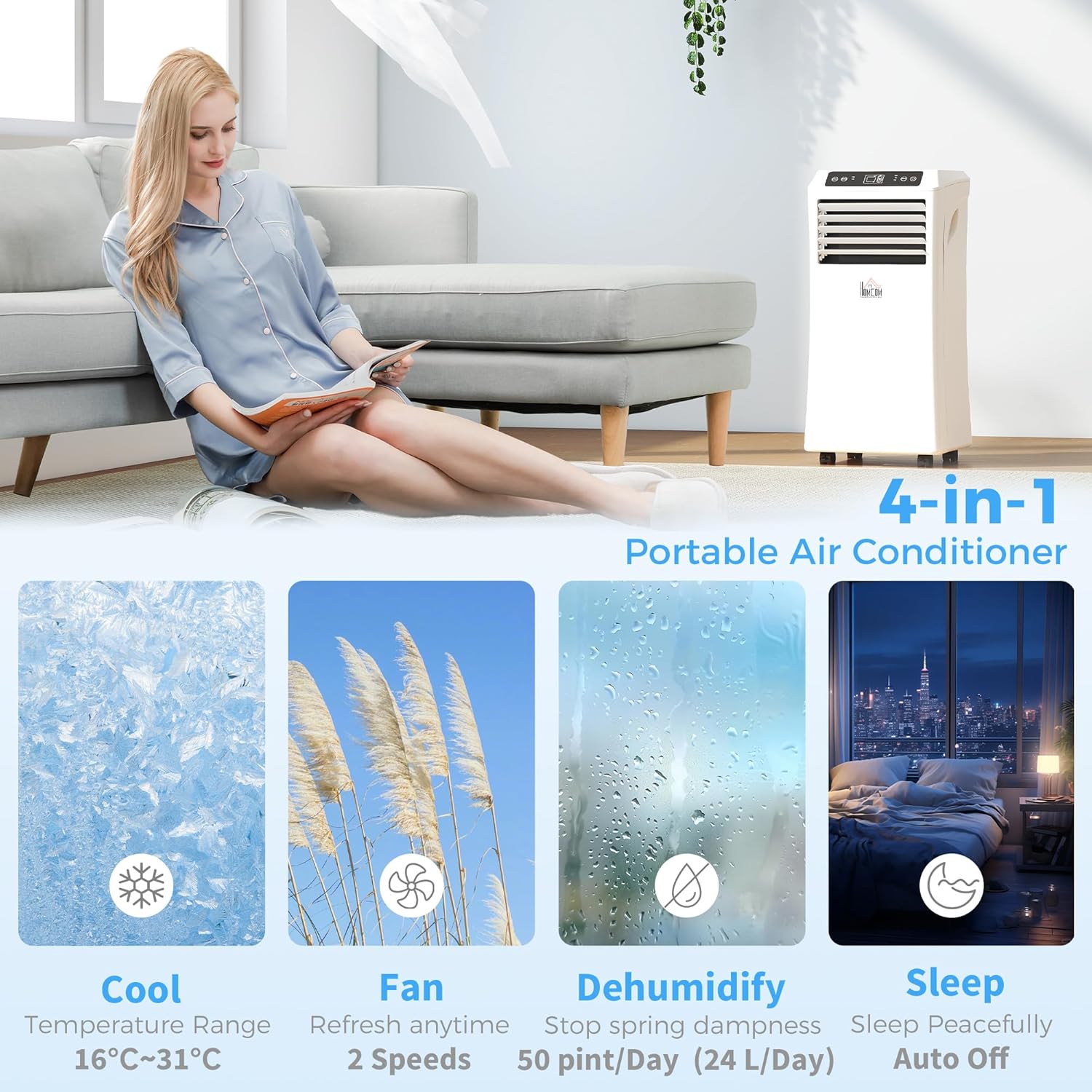 HOMCOM 8000 BTU Portable Air Conditioner for Rooms Up to 344 Sq. Ft., 3-in-1 AC Unit with Cooling Fan, Dehumidifier, Sleep Mode, Remote Control, 24H Timer, Window Installation Kit, White