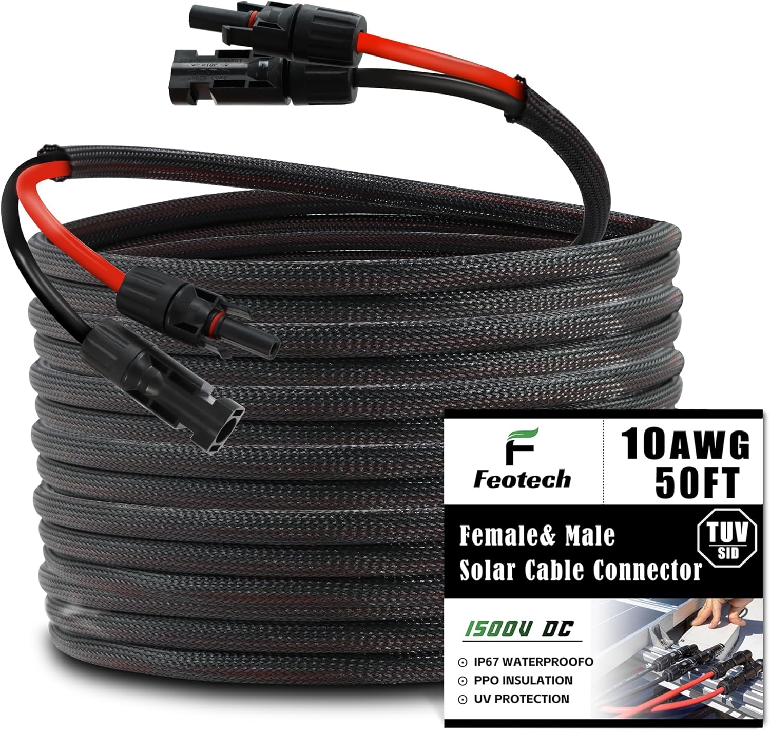 Twin Wire 50FT Solar Extension Cable - 10AWG (6mm) Black & Red with IP67 Solar Panel Connectors for Outdoor & Marine Use