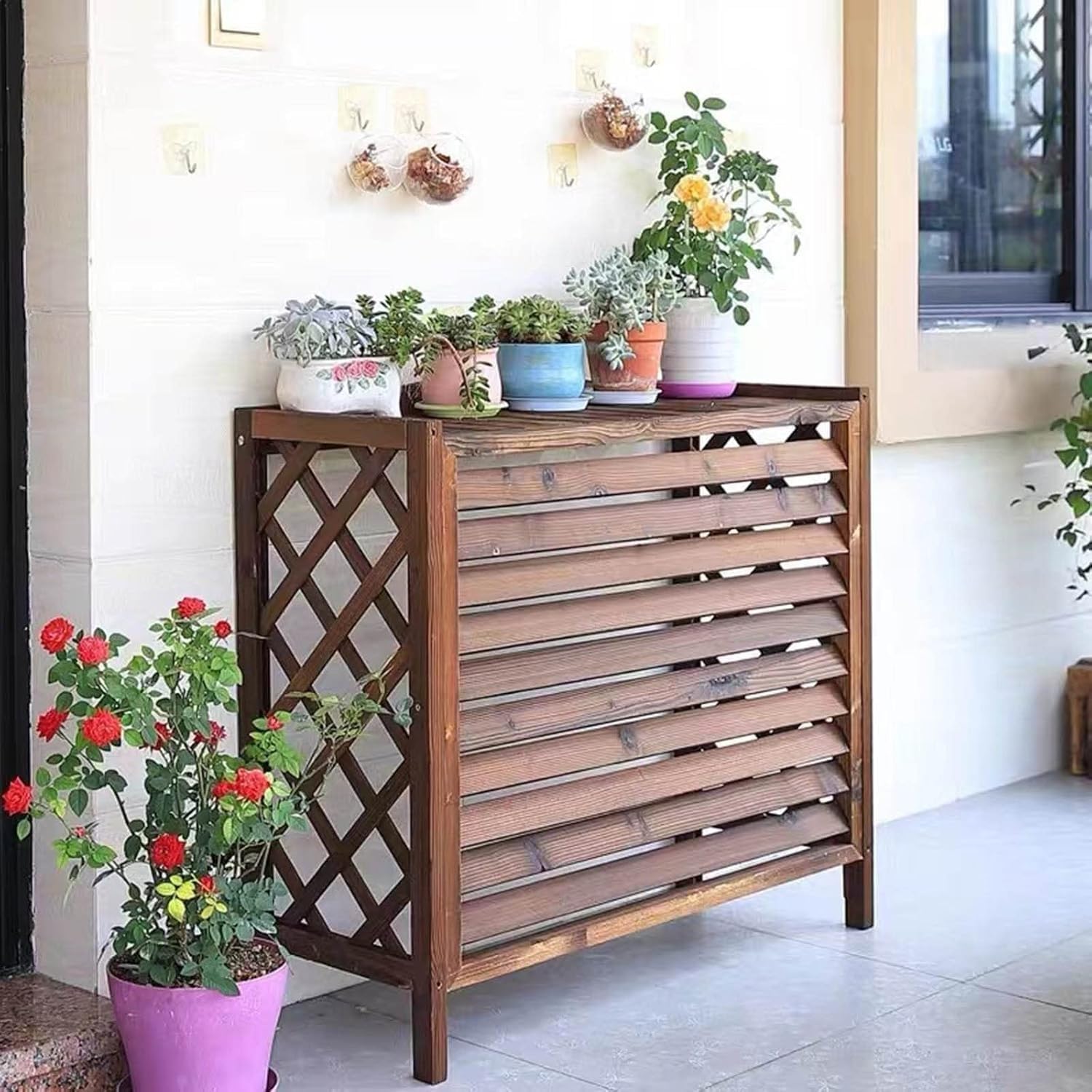 Solid Wood Garden Fence Air Conditioner Cover Decorative Privacy Fence Screen Trellis Design Outdoor Enclosure for Climbing Plants Trash Can Flower Rack Conditioning Shell Blinds(85x35x80cm)