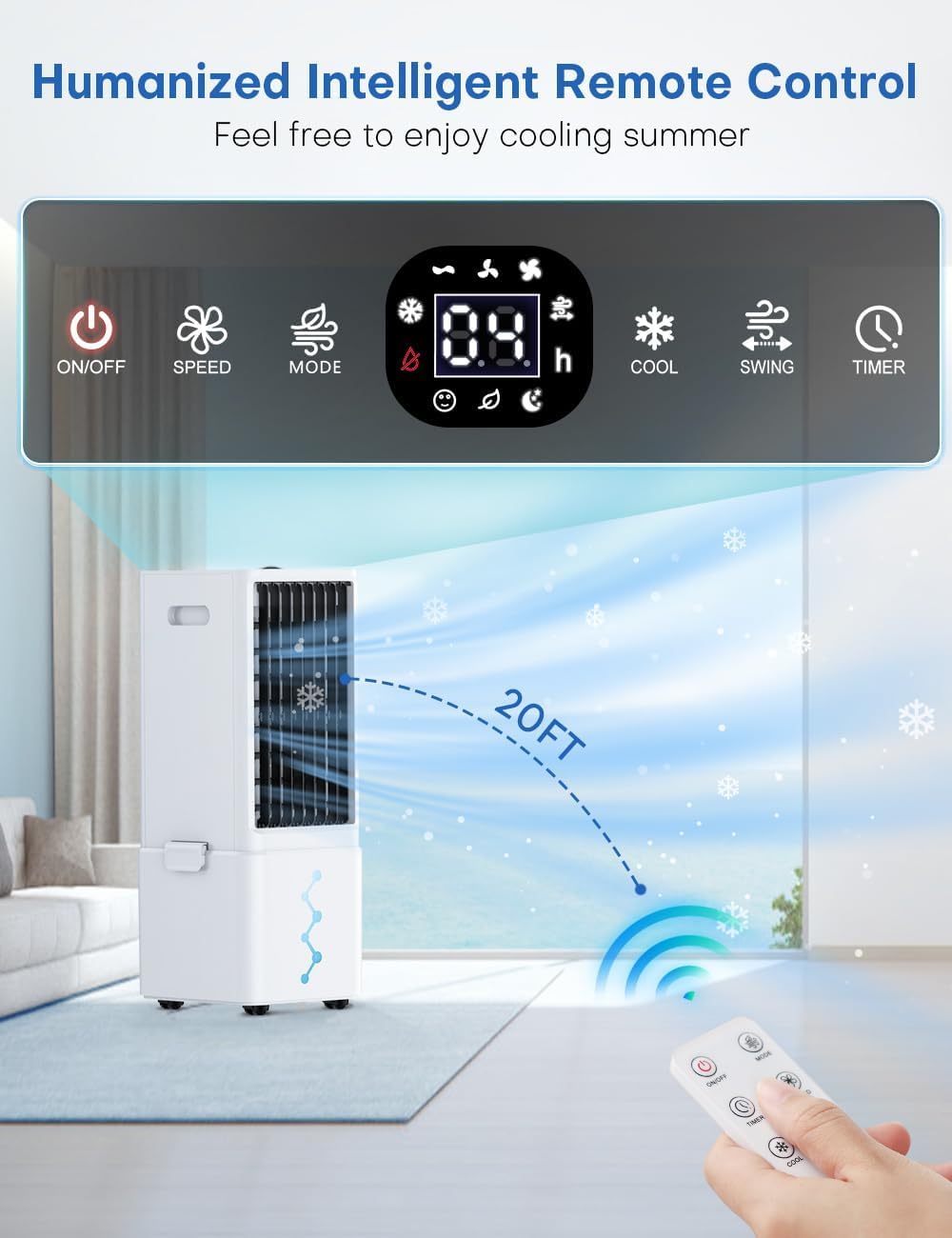 Portable Air Conditioners w/Remote, 4 Modes & 3 Speeds, Waterless Alert System & 2.4-Gal Tank for 20H Cooling, 12H Timer for Auto Off, Evaporative Air Cooler for Room Bedroom Office, Off White