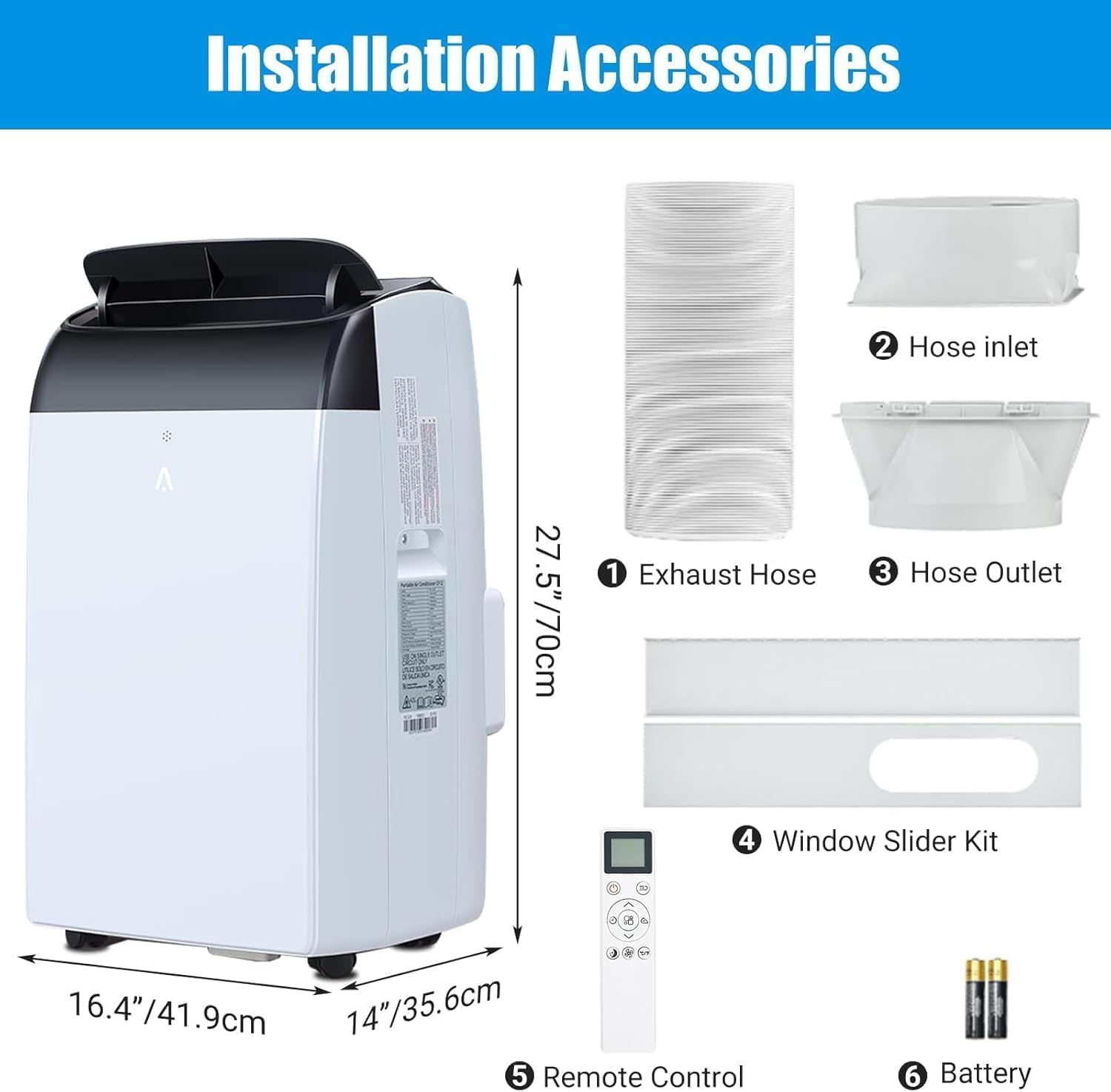 14,000 BTU Portable Air Conditioner Cools Up to 750 Sq.Ft, Auto-Evaporation Low Noise.3 in 1 Room Portable AC Unit with Remote Control & LED Display Moveable Wheels Fits for Large Room,Garage,White