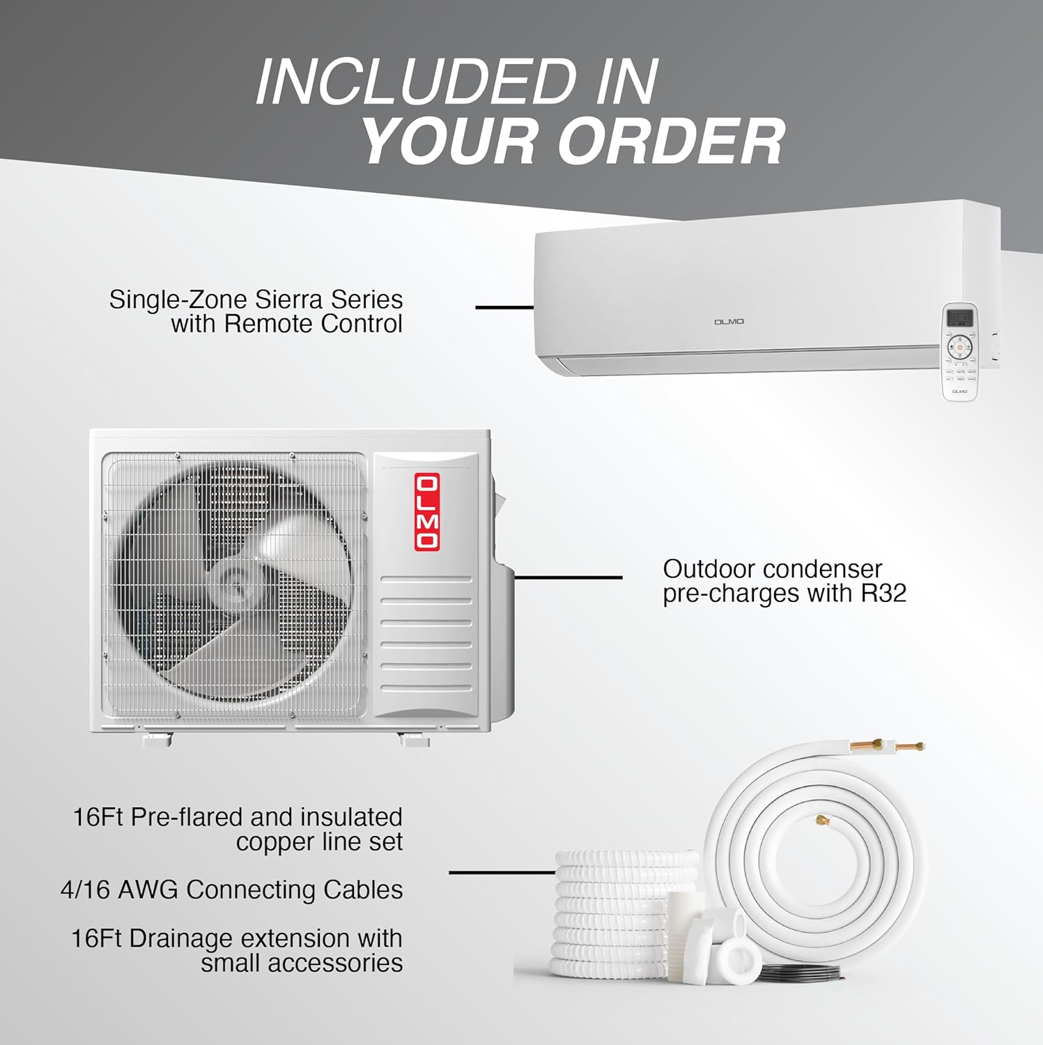 OLMO 12,000 BTU 115V Ductless Mini Split Air Conditioner & Heat Pump – 17.4 SEER2 – 16FT Installation Kit Included – Inverter System – Pre-Charged with R-32
