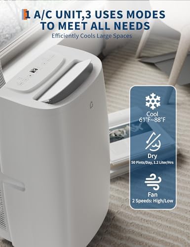 14,000 BTU Portable Air Conditioner with Dehumidifier & Fan, Portable AC Unit Cools Up To 750 Sq. Ft., Quite Operation Room Air Conditioner, Auto Evaporation System, Remote, Windows Kit, White