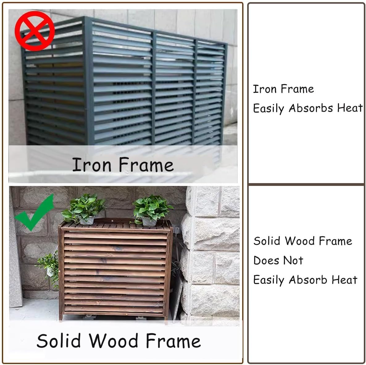 Air Conditioner Fence Screen Protective Cover Solid Wood Shelf Plant StorageDecorative Louvered Frame for Outside to Hide Condensing Unit for Outdoor Privacy(Brown,L105cm*W47cm*H80cm)