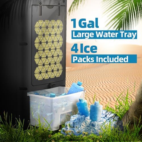 NOMEY Evaporative Air Cooler, 3-IN-1 Air Conditioner Portable for Room w/ 4 Modes & 3 Speed, 12H Timer, 1 Gal Detachable Water Tank, 4 Ice Packs, Remote, 70° Oscillation Air Cooler for Bedroom Indoor