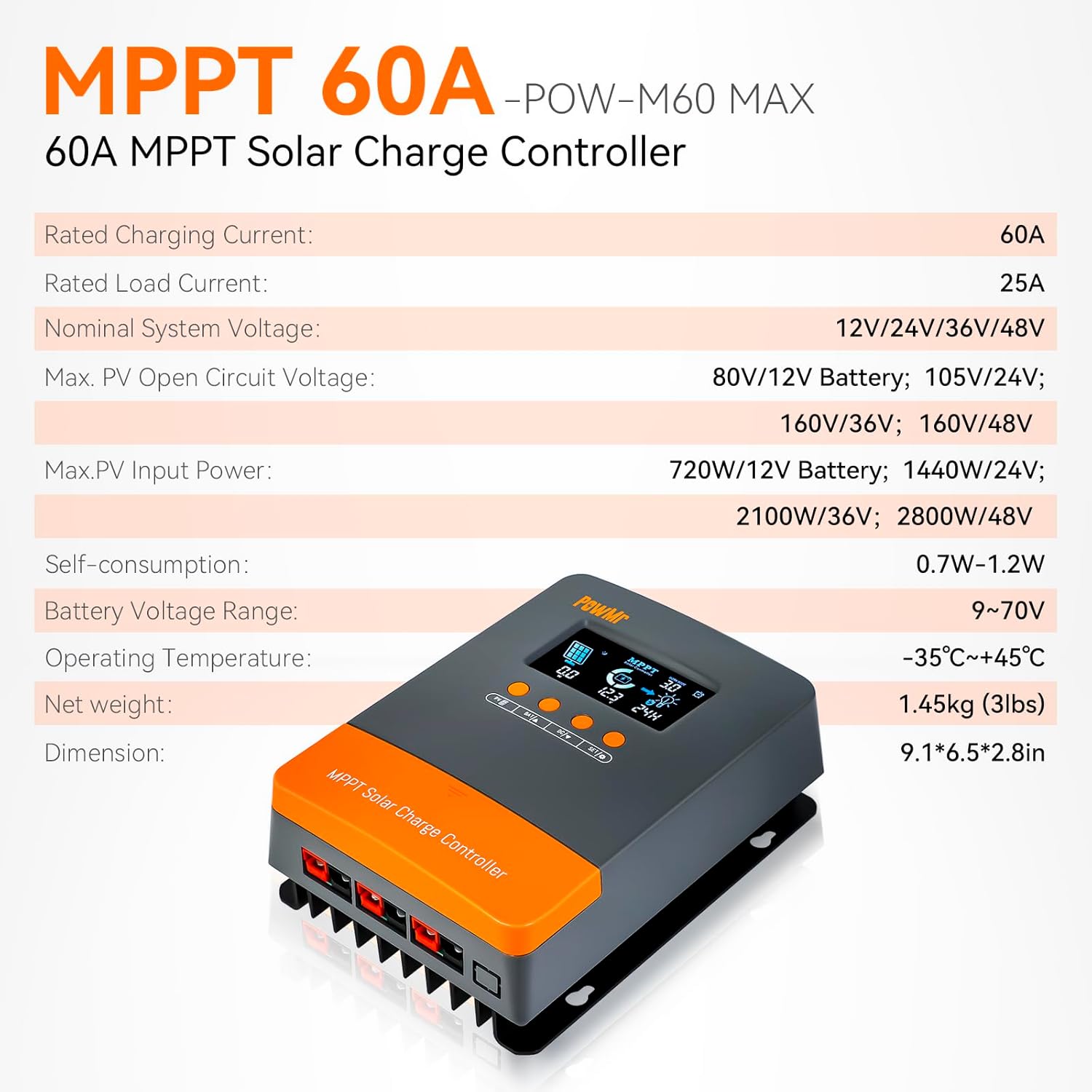 PowMr 2500W Pure Sine Wave Power Inverter 24V & MPPT 60A Solar Charge Controller