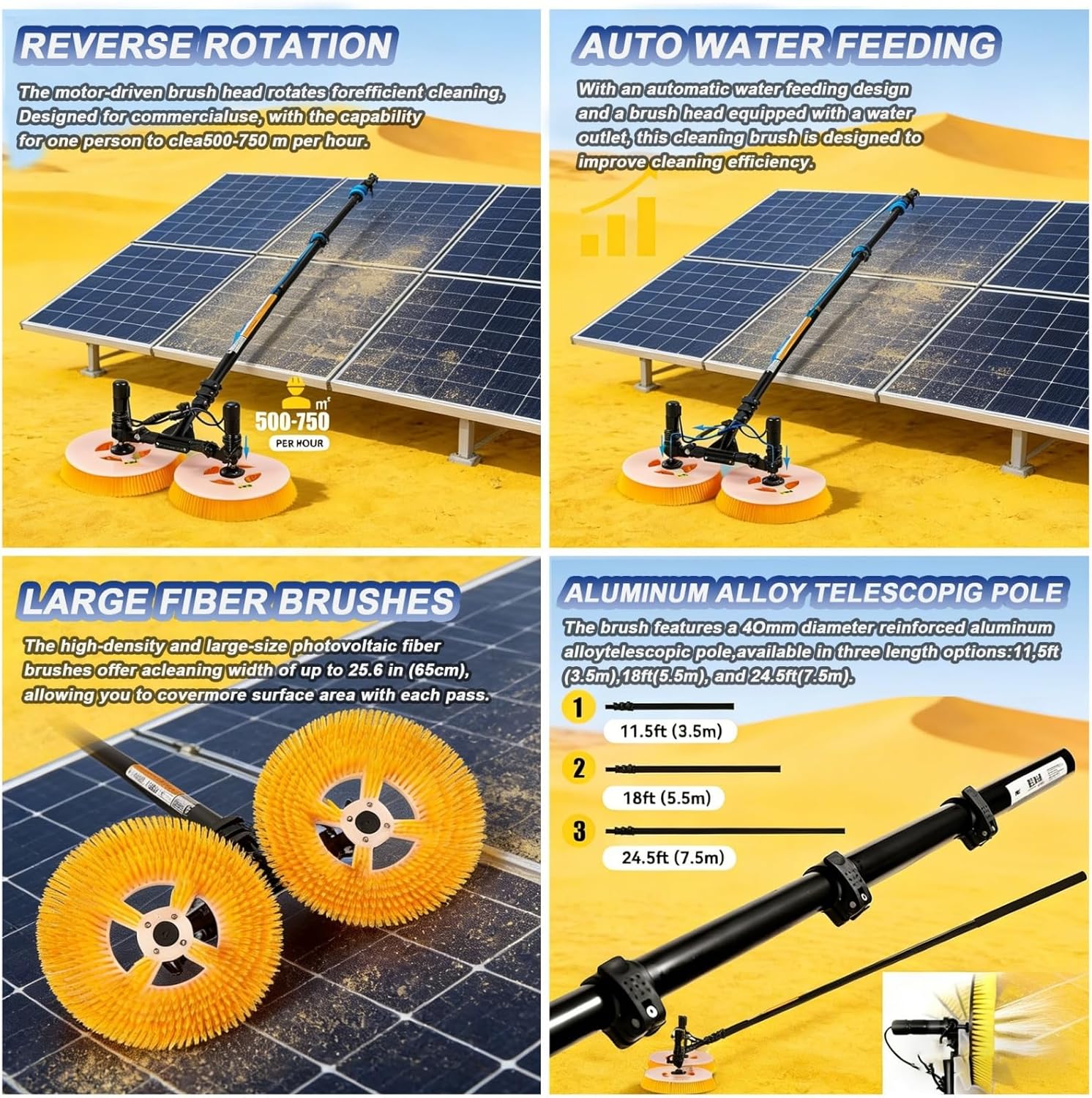 Solar Panel Cleaning Machine, Industrial Dual Head Automatic Rotating Brush, Comes with Complete Telescopic Pole Kit, Dual Power Option for Mains and Battery Operation(5m,Mains Electricity)