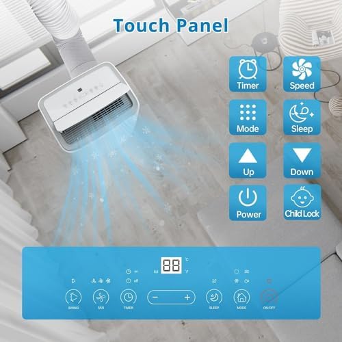 12000 BTU Room Portable Air Conditioner - Powerful & Efficient Cooling with LED Touch Panel & Remote, R32 Eco-Friendly Refrigerant, Quiet AC Operation, Easy Mobility with 4-Directional