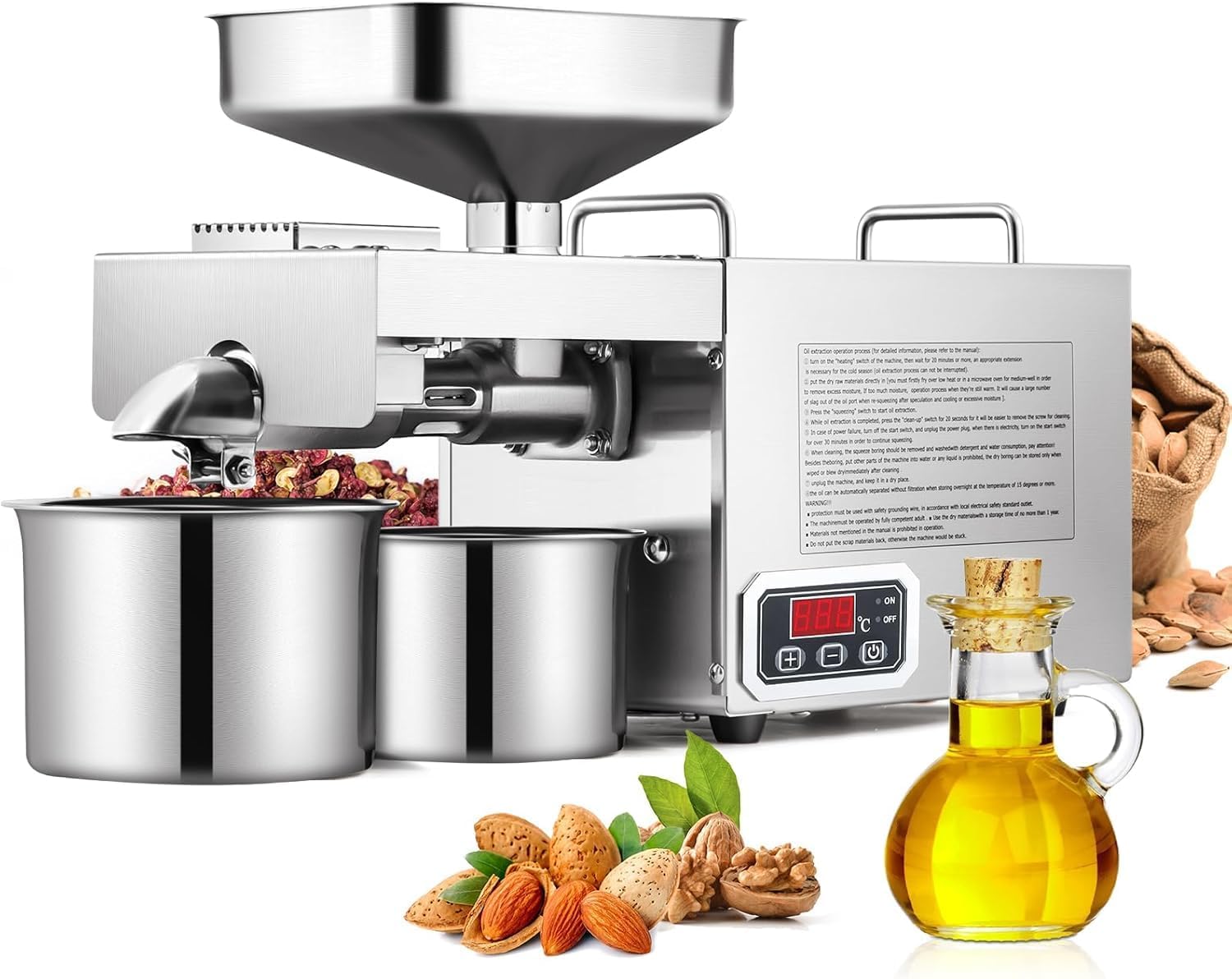 CGOLDENWALL 1500W Commercial Oil Press Machine Oil Extractor Expeller with Intelligent Temperature Controller/Industrial Motor/All Stainless Steel/CE (220V, EU/UK Plug)