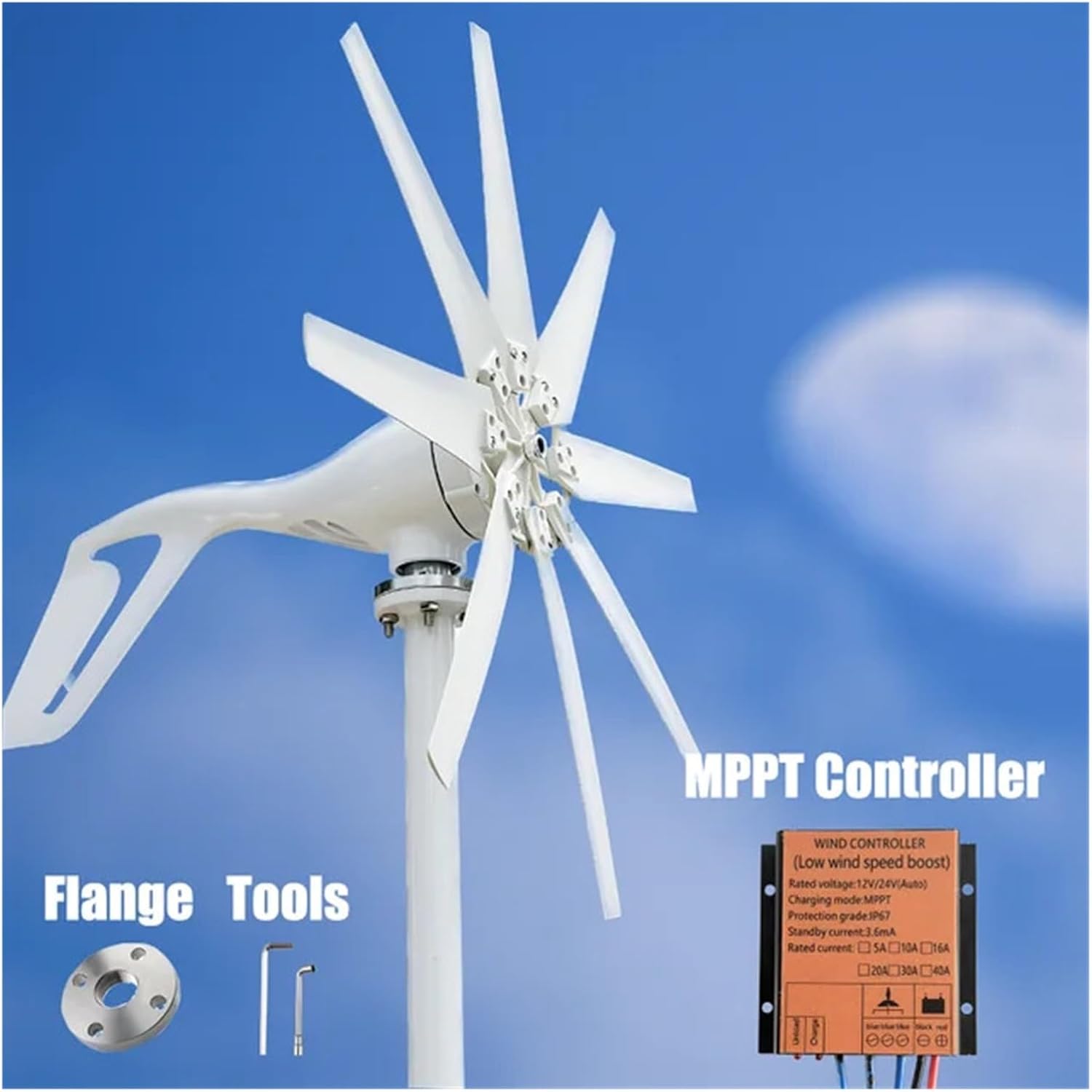 High Efficiency 2000W Horizontal Axis Wind Turbine Windmill 12V 24V 48V Free Energy Permanent Magnet Generator Home Appliance Industrial Energy(with MPPT Charger,12V)