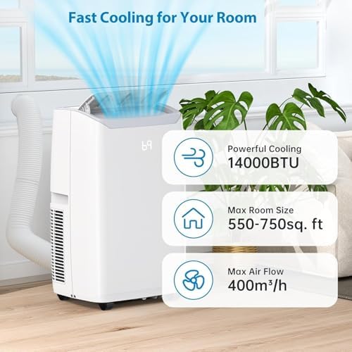 14000Btu Portable Air Conditioner Cools Up to 750 Sq.Ft, Portable AC Unit with Dehumidifier & Fan Modes, Remote Control, Installation Kits, 3 Speed, Auto Swing, 24H Timer, White