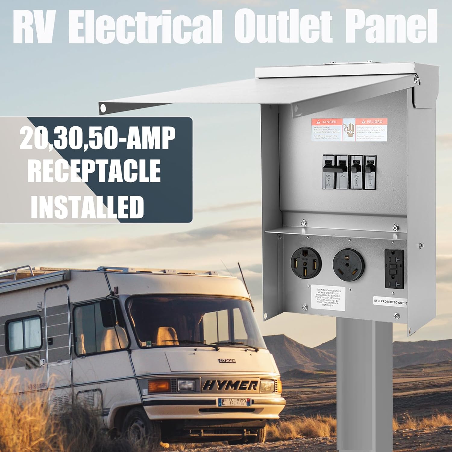 Electrical Outlet Boxes Temporary Power Panel Weatherproof RV Receptacle Box with 30 50 Amp Breaker 20 Amp GFCI Outlet Outdoor Panel for RV Camper Car Travel Generator Motorhome (Update)
