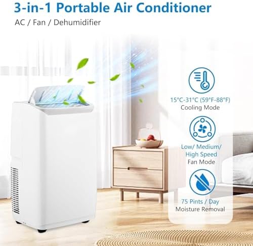 Portable Air Conditioners, 14000 BTU Energy Efficient AC Unit with Remote, 4-In-1 Cooling/Dehumidifier/Fan/Sleep Mode, Rapid Cooling for Spaces Up to 750 Sq.Ft for Bedroom and Office, Grey and White