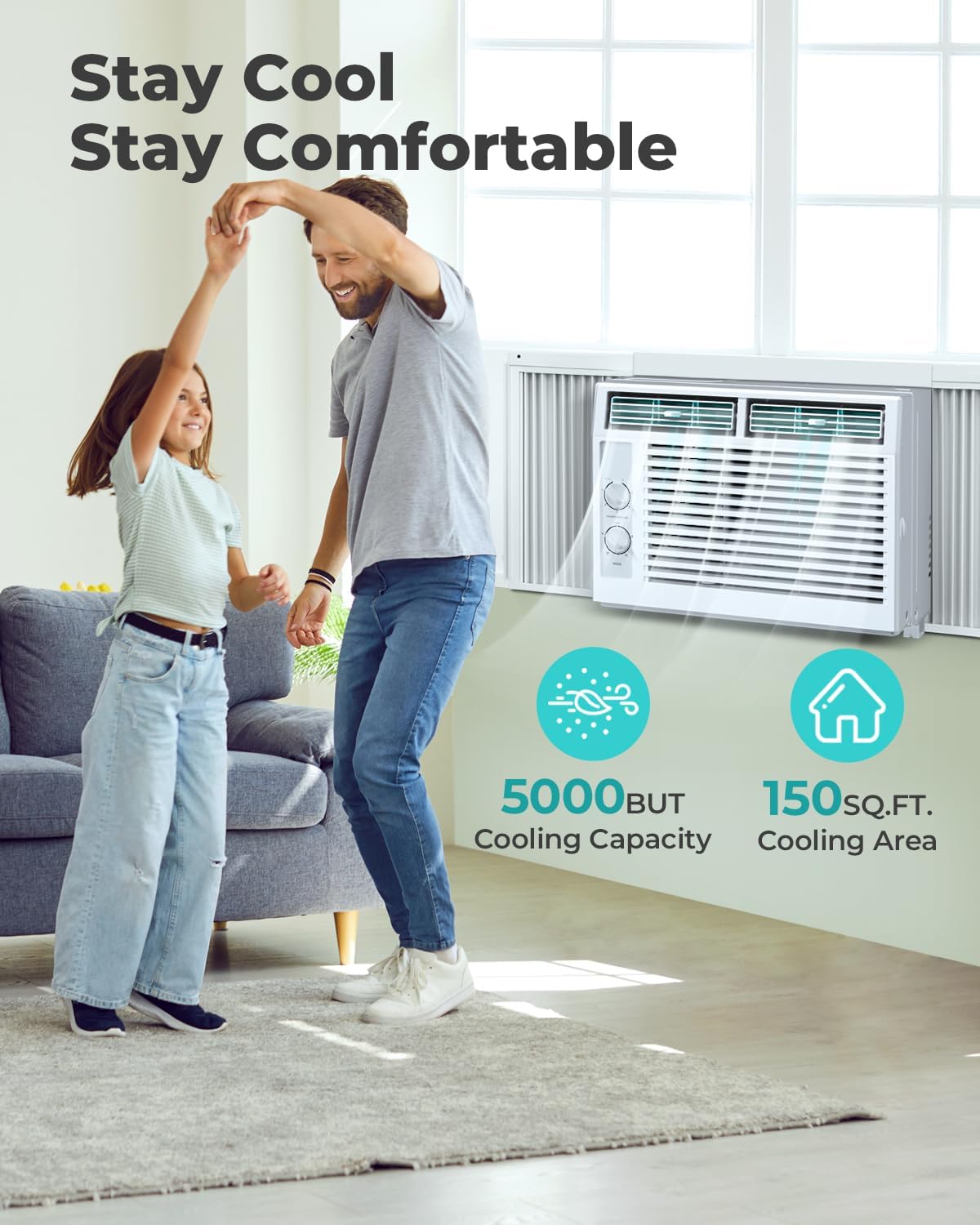 5000 BTU Window Air Conditioner AC Unit, Cool up to 150 Sq.Ft., Adjustable Cooling & Fan Modes, Install Kit, Energy Saving, Air Conditioner Window Unit for Bedroom, Apartment, Living Room
