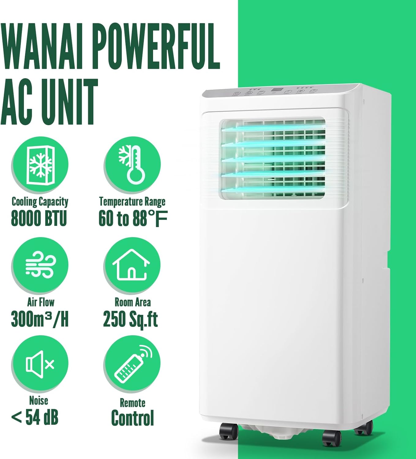 WANAI 8000 BTU ASHARE(4400 BTU SACC) Portable Air Conditioner with 3-in-1 Mode & Remote Control & Window Kit Room AC Unit Cool Up to 250 Sq.ft White