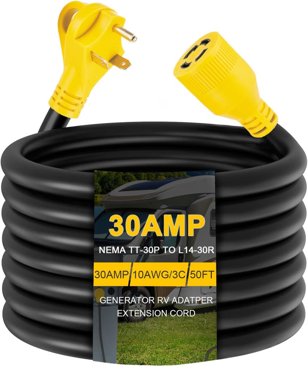 50ft Generator Transfer Switch Adapter Cord NEMA TT-30P to L14-30R, 3 Prong 30 Amp RV Generator TT-30 Male Plug to 4 Prong 30 Amp Inlet Box L14-30 Female Connector, STW 10AWG/3C, ETL Listed
