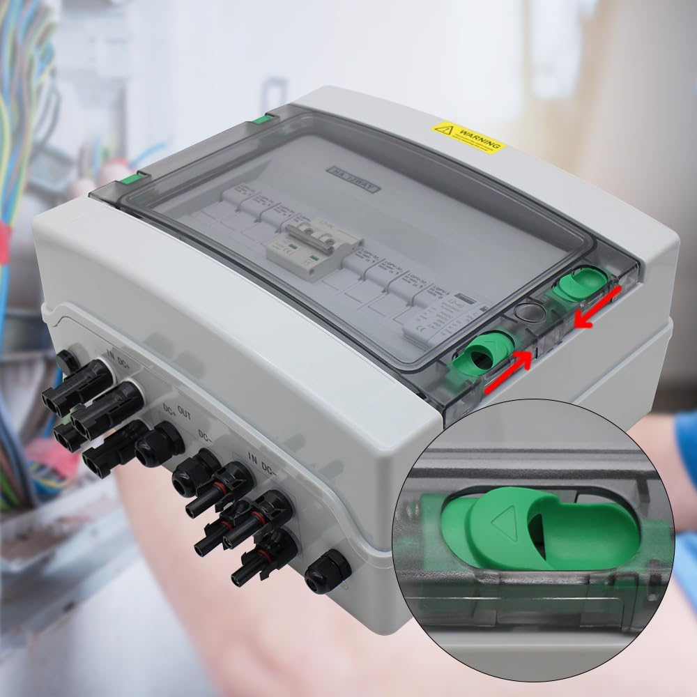 Dual Lnsurance 4 String Solar Combiner Box,PV Combiner Box for Solar,with Lightning Arreste & 15A Rated Current Fuse and 63A Circuit Breaker, IP65 Waterproof for On/Off Grid Solar Power System