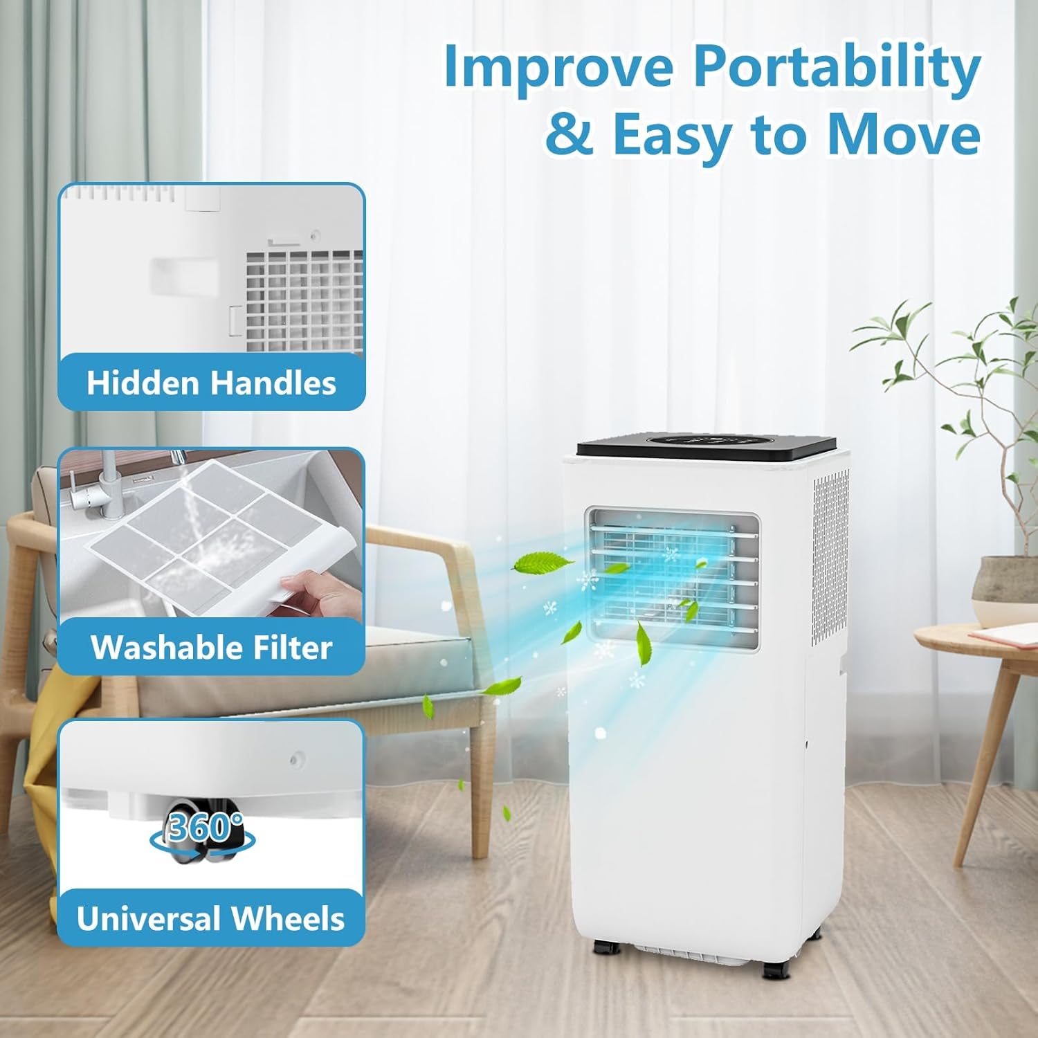Portable Air Conditioner 8000 BTU, ASHRAE 3-In-1 Standing Air Conditioner with Air Cool & Dehumidifier & Fan Modes, Floor AC Unit or Room Up to 350 Sq. Ft, Portable AC with Remote Control