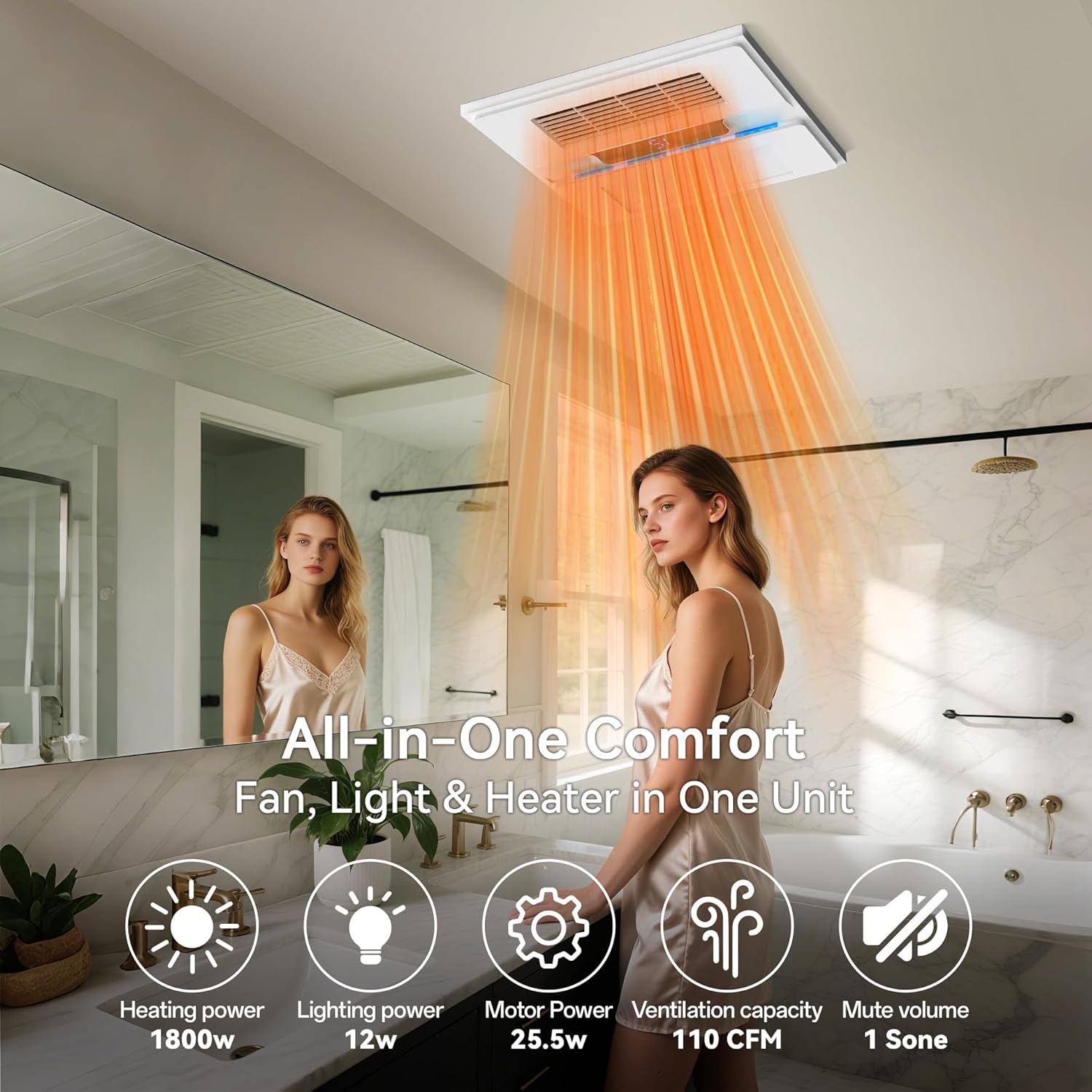 1800W Bathroom Exhaust Fan with Light and Heater, 110 CFM 4-in-1 Ceiling Vent Fan, 1.0 Sone Quiet Operation, 11.2” x 11.2” Ceiling Cutout, 13.8” Grille, 6500K LED Light, Metal Housing