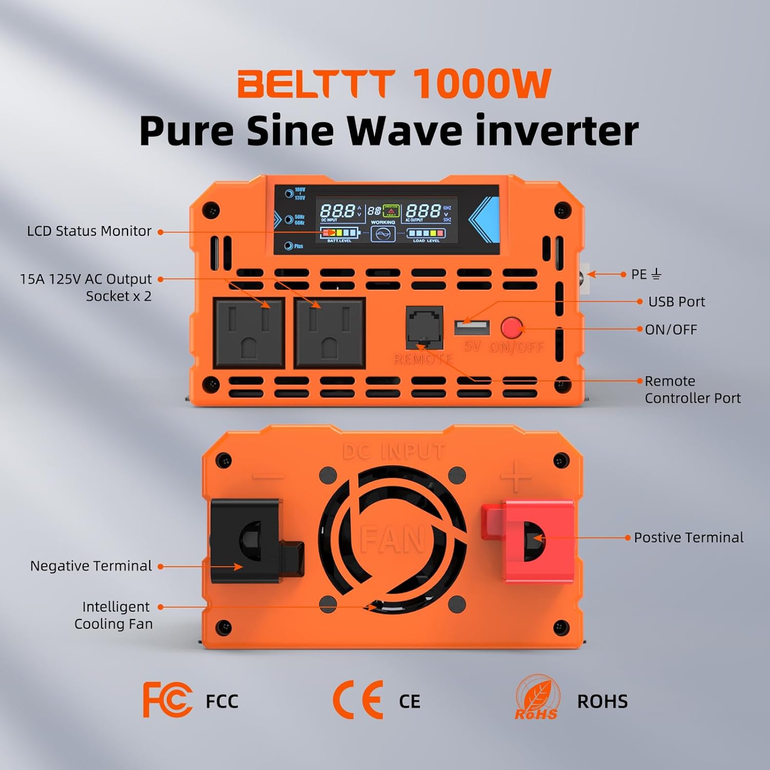 BELTTT 1000Watt Pure Sine Wave Inverter 12V DC to 120V AC for RV, Truck, Off-Grid Solar Car Power Inverter 12V to 110V Converter with Dual AC Socket and 5V 2.1A USB, Intelligent LCD, 2000W Peak