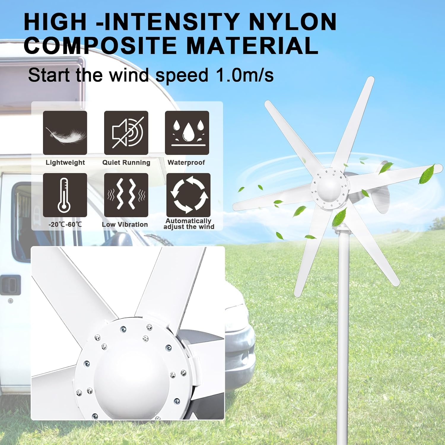 Wind Turbine Generator Kit 800W 12V with 6 Blade,Wind Power Generator for Marine, RV, Home, and Off-Grid Use,Easy to Install Industrial Wind-Power Generator White