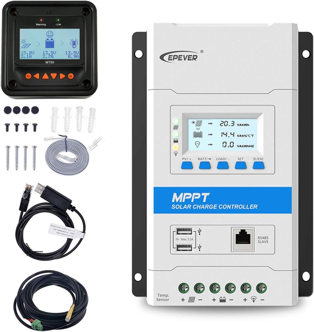 EPEVER 40A MPPT Solar Charge Controller Max. PV 150V Solar Panel Charge Regulator with LED&LCD Display Double USB Port and MT50 Remote Meter Temperature Sensor RTS & PC Communication Cable RS485