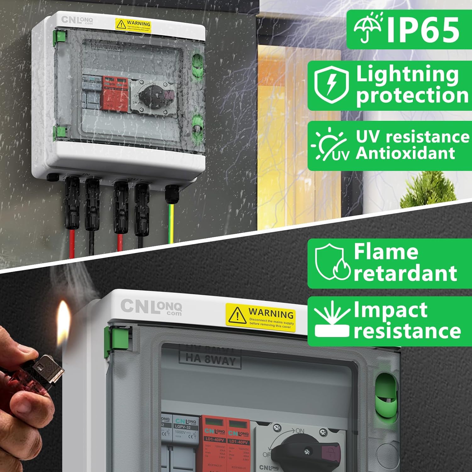 IP65 Solar PV Combiner Box DC1000V 32A Circuit Breaker with Surge Protector and 15A PV Fuses and 10pcs Fuse Link 15A 1000V DC, 1in 1out Disconnect Switch Outdoor Waterproof for Solar Panels System