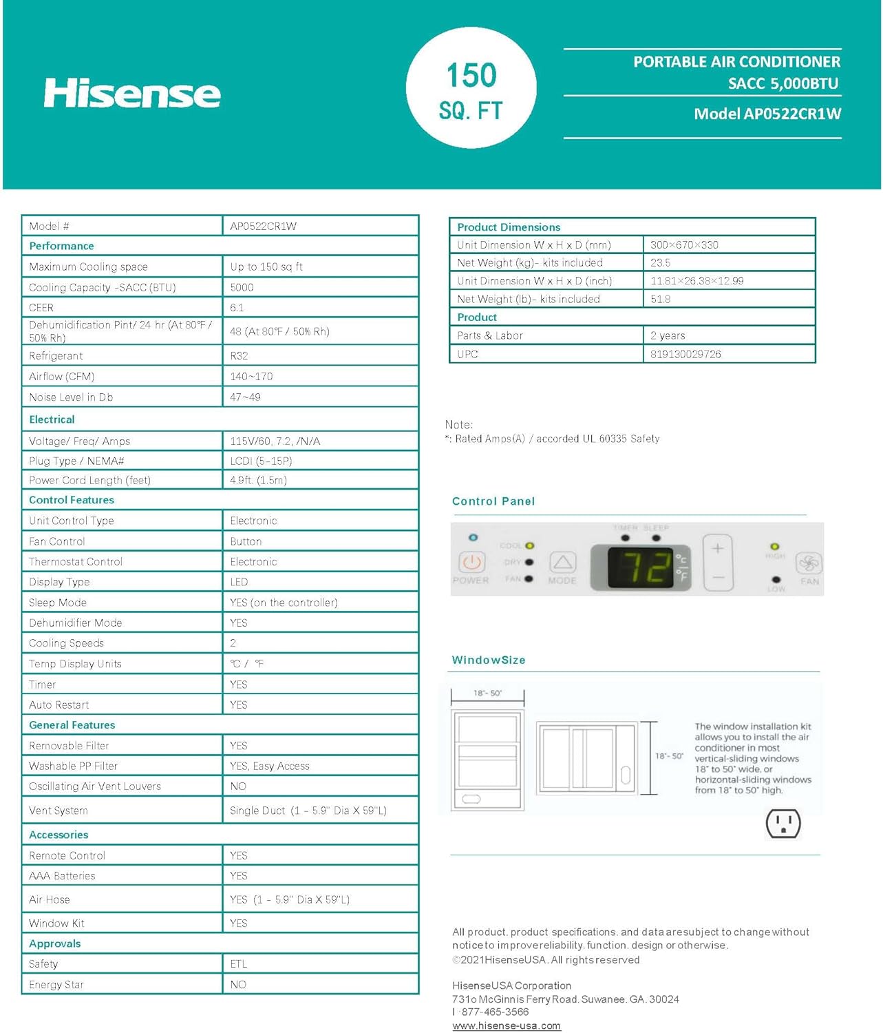 Hisense AP0522CR1W Portable Air Conditioner 5000-BTU DOE 115-Volt Vented (Renewed)