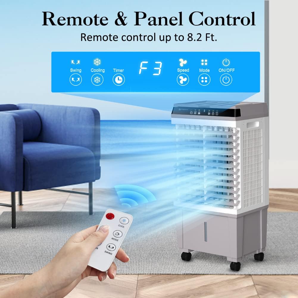 LifePlus Evaporative Air Cooler, 1800CFM Windowless Air Conditioner Portable for Large Room Commercial Garage Outdoor, 3 In 1 Swamp Cooler with Remote Control, 4 Ice Packs, 12H Timer, 5.3 Gallon