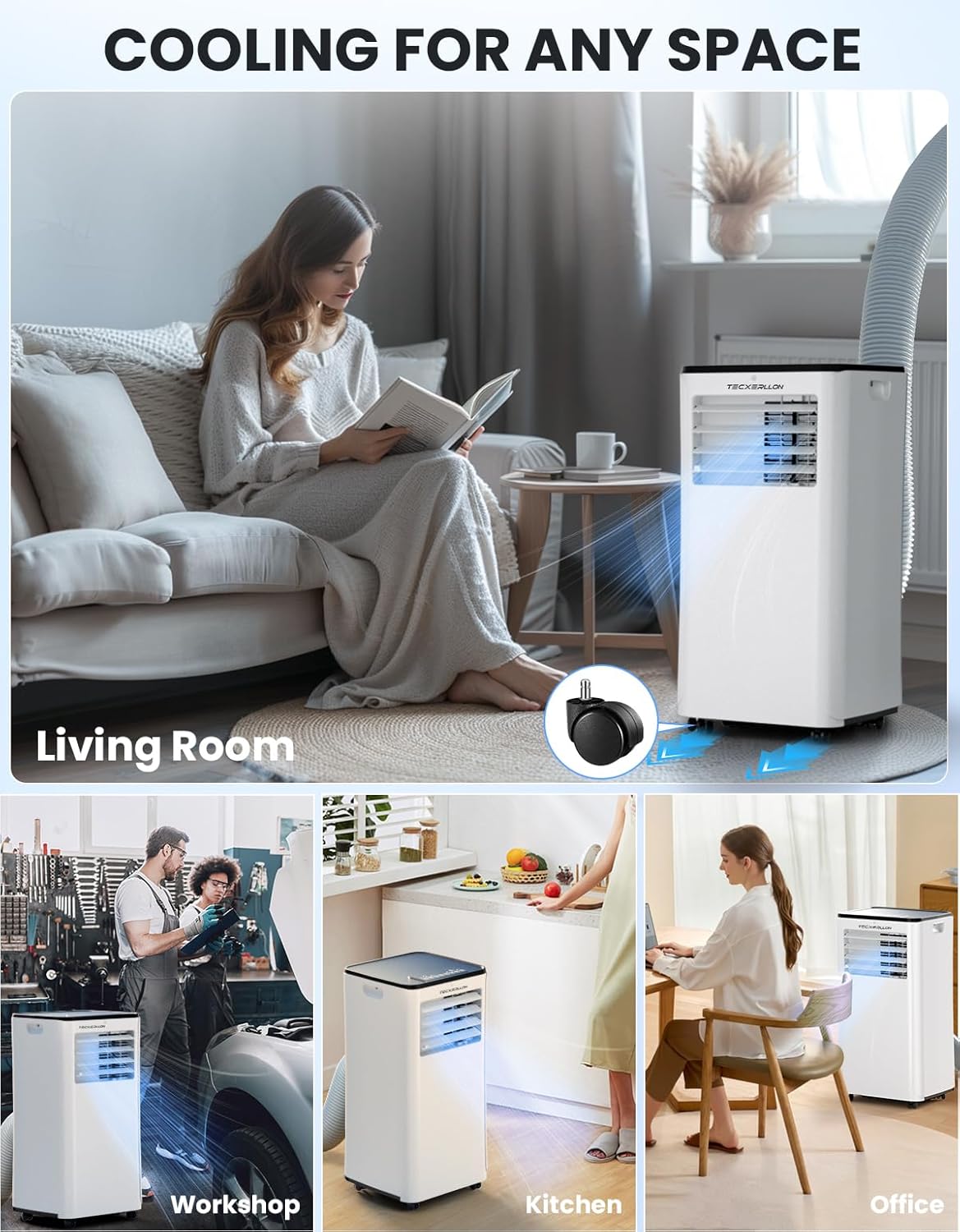 10000 BTU Portable Air Conditioners, 4-in-1 Portable Ac with Cooling, Dehumidifier, Fan & Sleep Modes, 2 Speeds, Auto Swing, Cools up to 480 Sq. Ft. for Home, Office, Garage