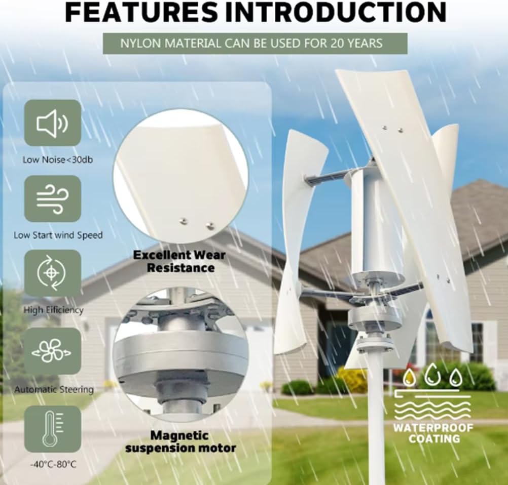 10000W No Noise Vertical Wind Turbine,12V 24V 48V 220V Off-Grid Power 3 Blade Wind Generators for Home Use with MPPT Controller for Home,Camping & Street Lighting,12v
