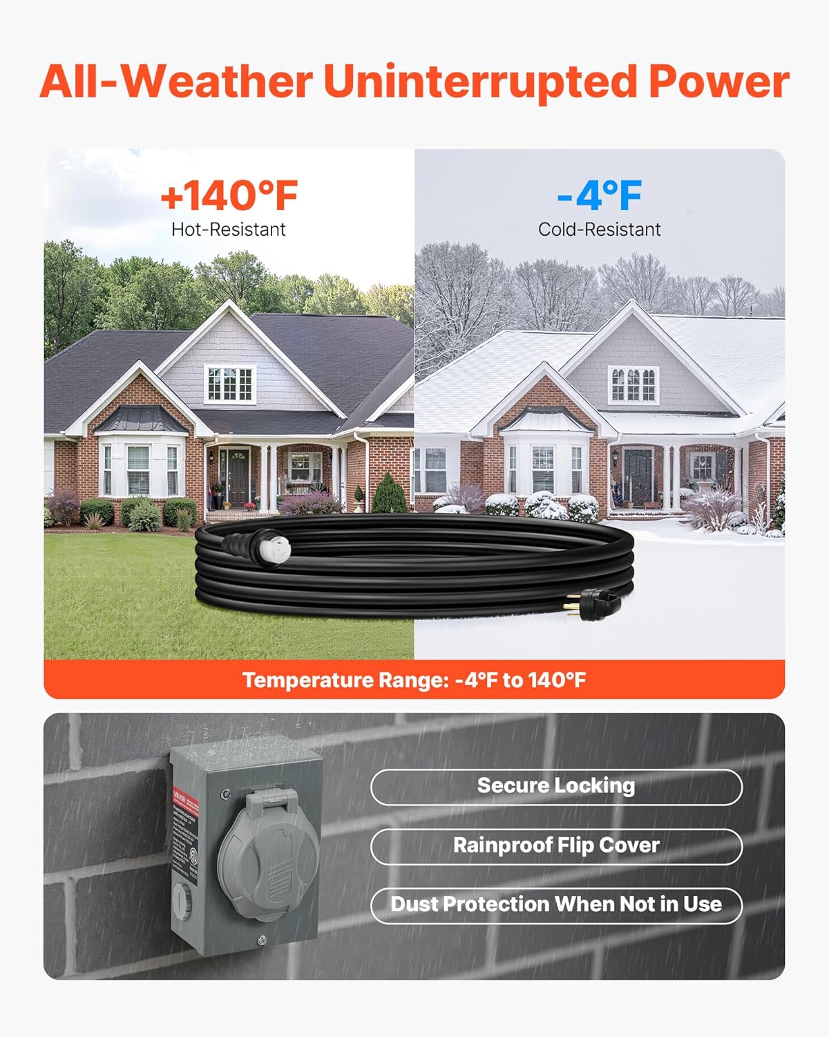 VEVOR 50 Amp Generator Cord and Power Inlet Box, 10FT, 125V/250V STW 6/3 + 8/1 AWG Extension Power Cord, NEMA 14-50P to SS2-50R, Twist Lock Connector, Inlet Box Kit, for Generator to House, ETL Listed